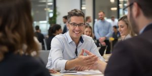 Happy professionals collaborating with clients.