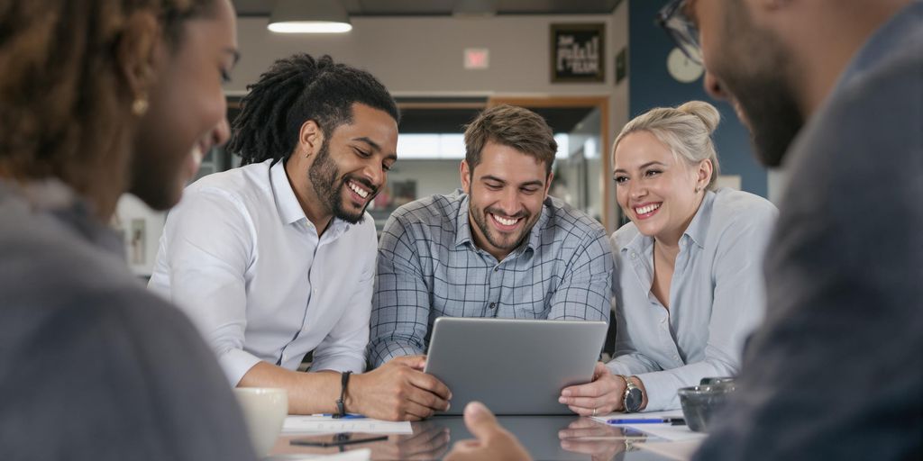 Smiling small business owner using a tablet.
