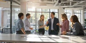 Team collaborating in a bright office.