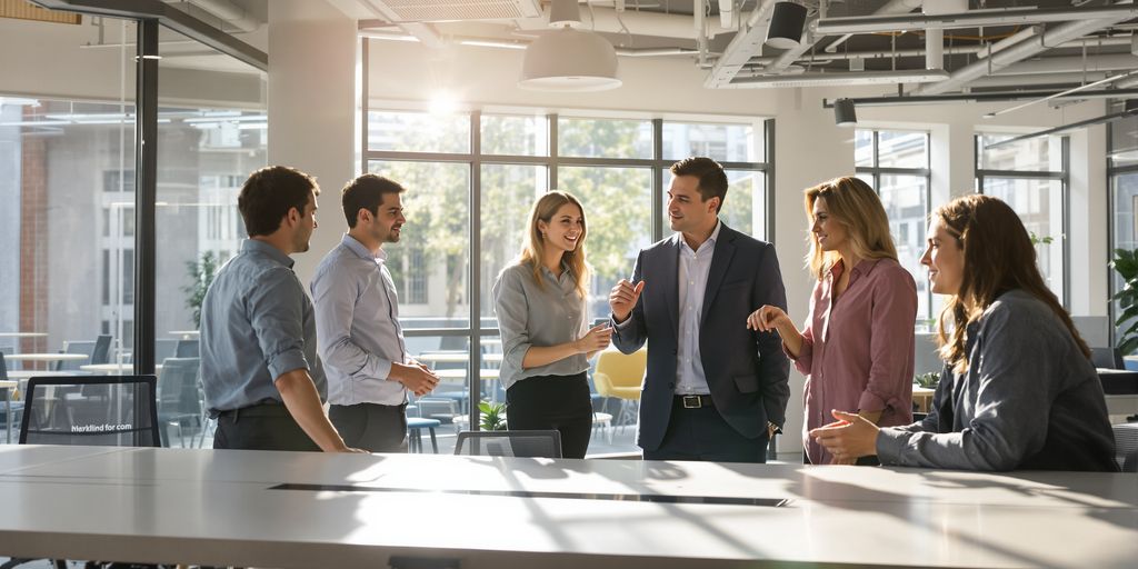 Team collaborating in a bright office.