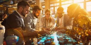 Business people interacting with a digital interface.
