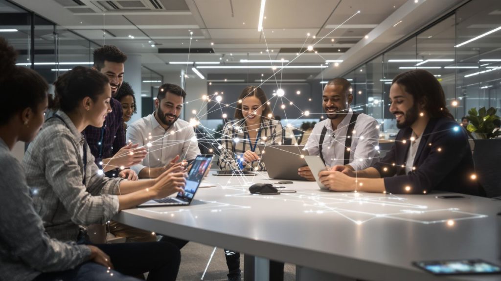 Business professionals interacting with AI technology in an office.