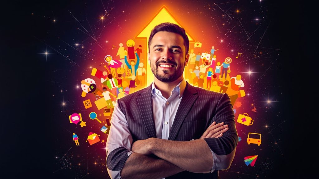 Business owner with growth aura and interconnected shapes.