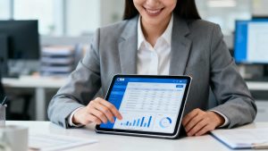 Профессионал, использующий CRM-интерфейс на планшете.