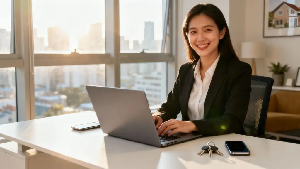 Real estate agent working on laptop in modern office