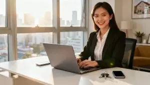 Real estate agent working on laptop in modern office