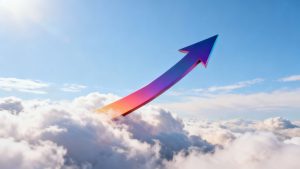 Стрела роста бизнеса, пронзающая облака на фоне яркого неба.