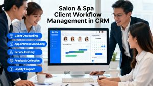 Team collaboratively managing salon and spa client workflow in a CRM system.