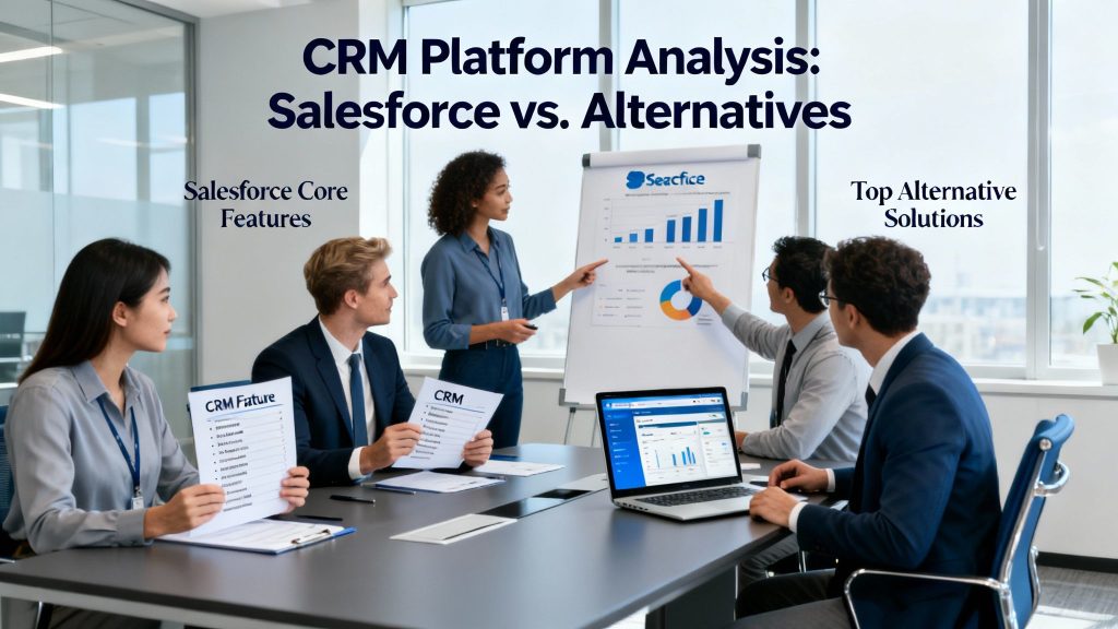 Team of professionals analyzing and comparing CRM options for salesforce and alternative solutions