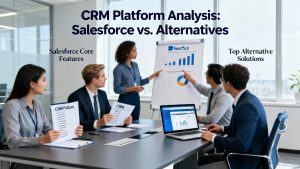 Team of professionals analyzing and comparing CRM options for salesforce and alternative solutions
