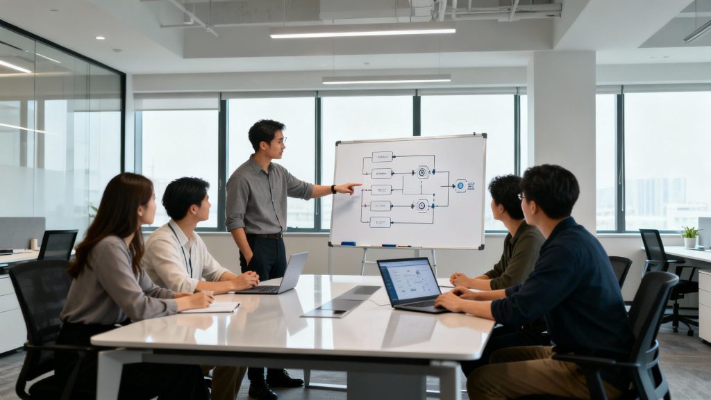 Team discussing follow-up automation strategies in a modern office