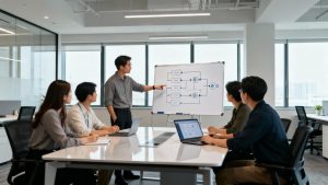 Team discussing follow-up automation strategies in a modern office