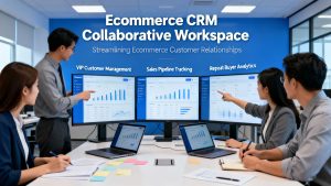Team using a CRM for ecommerce brands to manage VIP customers, sales pipelines, and repeat buyers in a collaborative business workspace