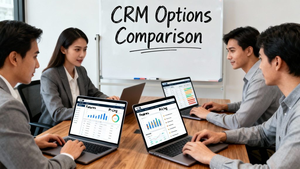 team comparing CRM options on laptops
