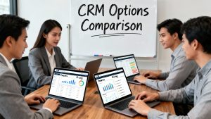 team comparing CRM options on laptops