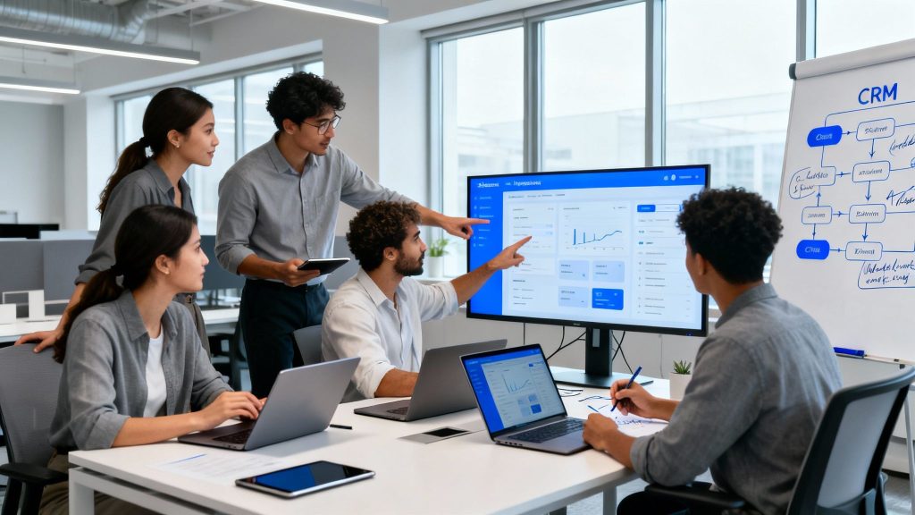 Team collaborating in a modern office using digital sales workflow crm tools