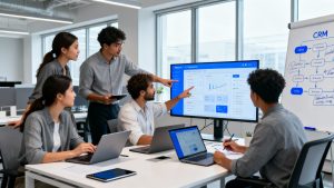 Team collaborating in a modern office using digital sales workflow crm tools