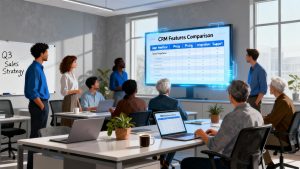 Concept art of diverse professionals reviewing generic CRM comparison charts on screens in an office setting