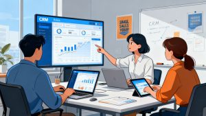 Illustration showing a small sales team collaborating around digital tools to manage customer relationships