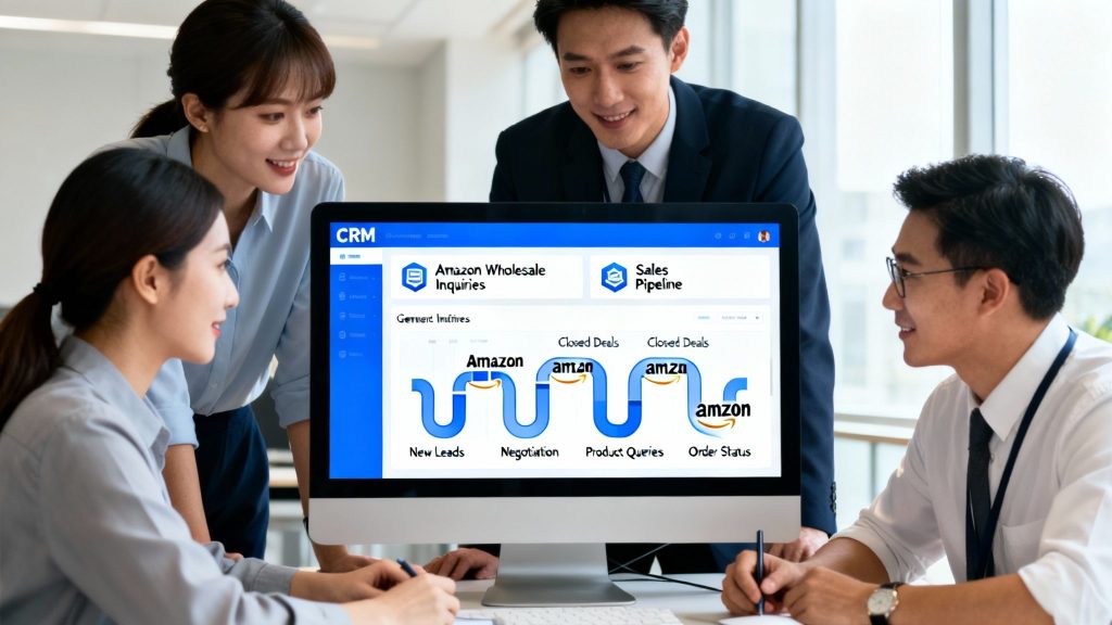 Team managing Amazon wholesale inquiries and sales pipeline using a generic CRM platform