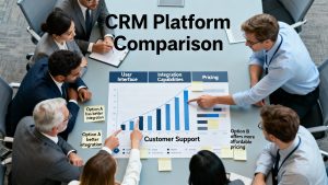 Business team comparing CRM platforms with charts and discussion