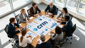 Business team discussing productivity strategies together in a bright office with the focus keyword crm for boosting productivity represented by documents and charts
