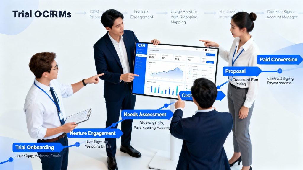 team coordinating b2b saas sales workflow using crm to move users from trial to paid conversion