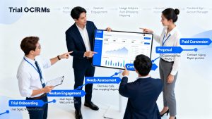 team coordinating b2b saas sales workflow using crm to move users from trial to paid conversion