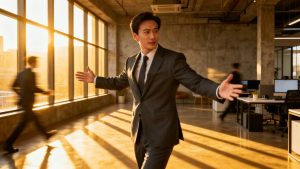 Leader gesturing expansively in a modern office.