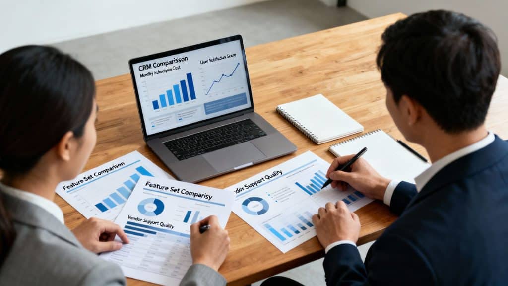 Business professionals comparing CRM pricing and value using charts and laptops