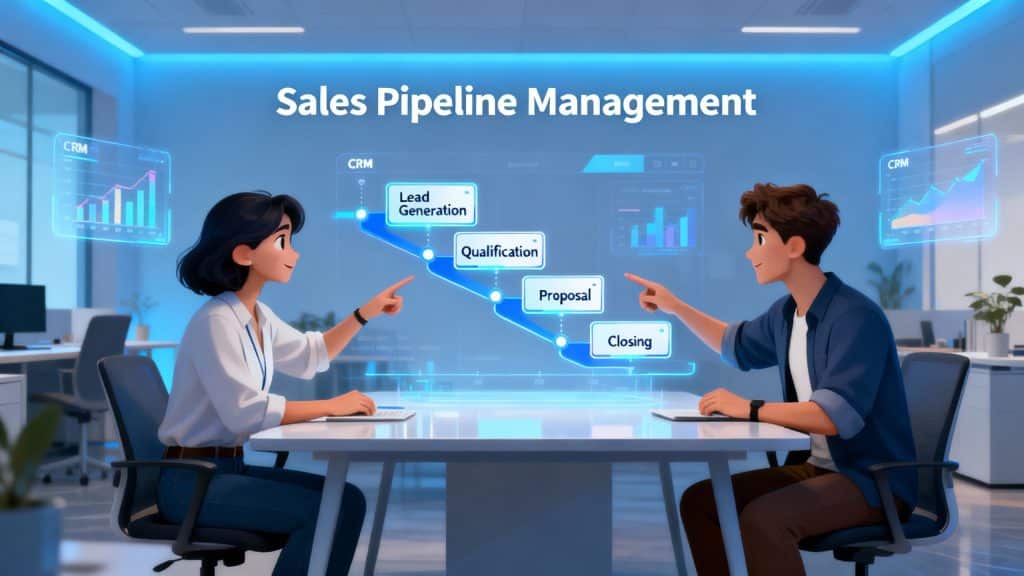 Startup founders collaborating and managing a sales pipeline in a conceptual CRM office environment