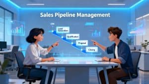 Startup founders collaborating and managing a sales pipeline in a conceptual CRM office environment