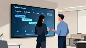 Two professionals discussing sales stages using pipeline tracking software on a digital display