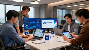 Un team di professionisti che utilizza strumenti di branding basati sull'intelligenza artificiale in un ufficio