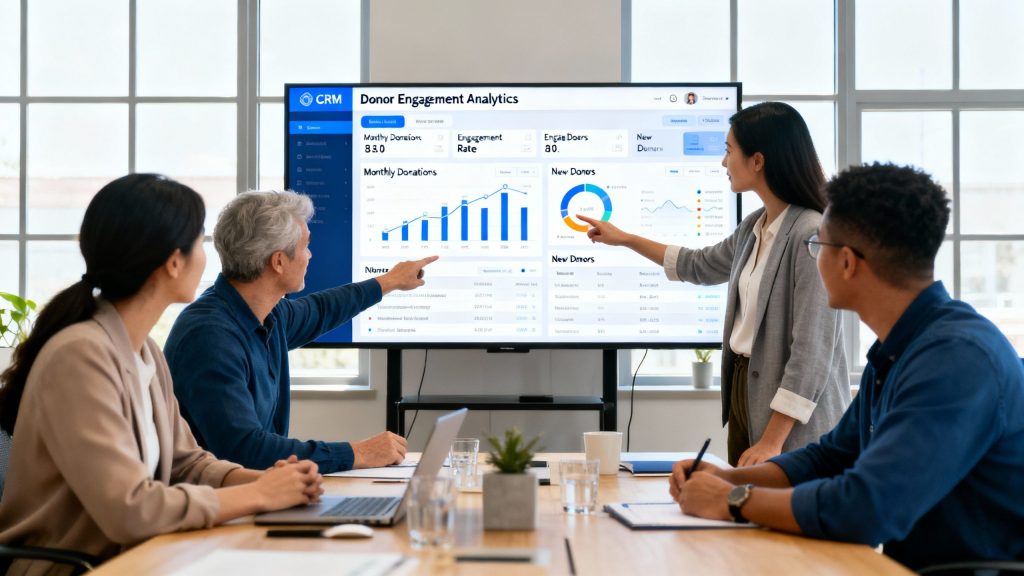 A nonprofit team reviewing donor engagement analytics in a CRM for nonprofits