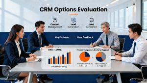 Team comparing CRM options using conceptual charts and business visuals