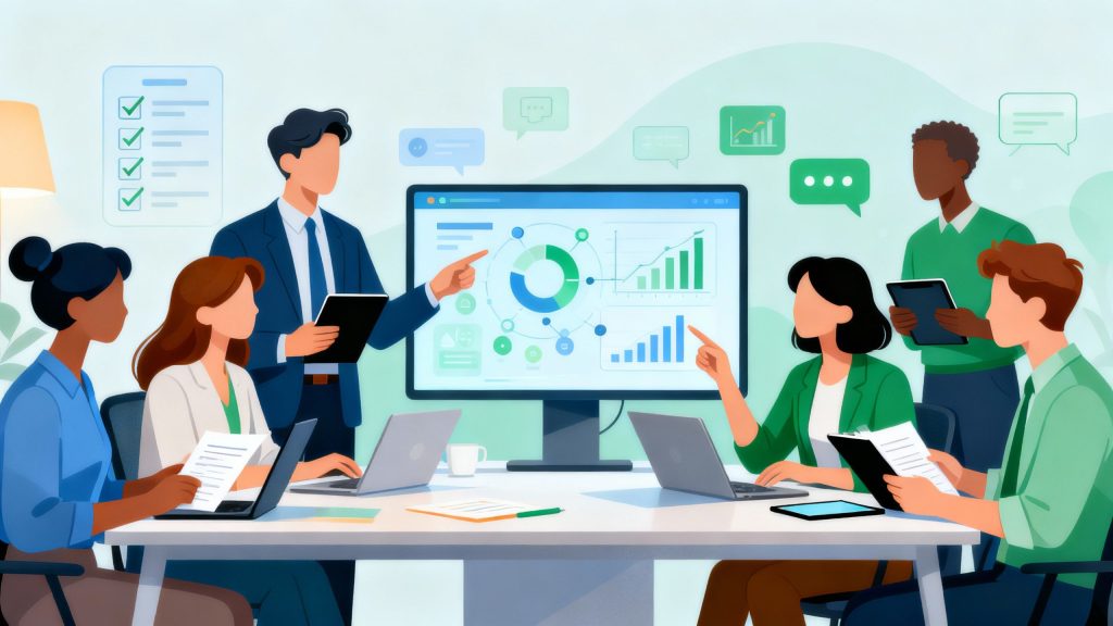 Conceptual illustration showing small business owners collaborating around digital workflow tools