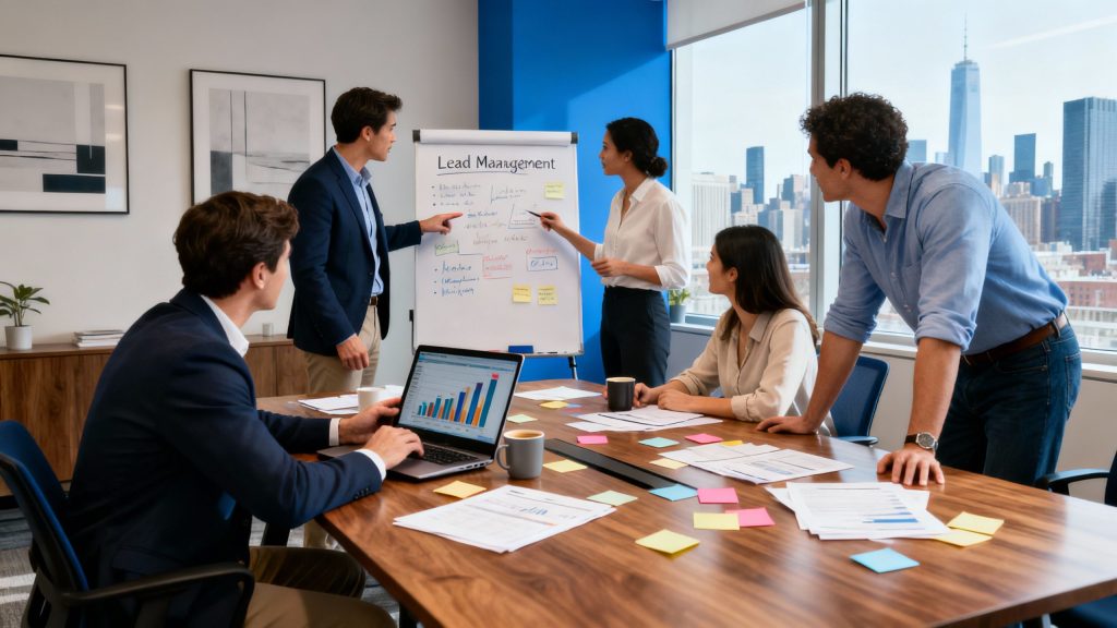 Team collaborating on lead management strategies at modern office