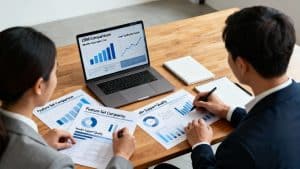Business professionals comparing CRM pricing and value using charts and laptops