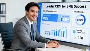 Proprietário de negócio revisa painel do CRM, sentindo-se confiante com o Leader CRM para o sucesso de PMEs.