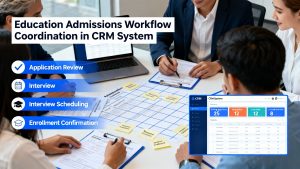 Team coordinating education admissions workflows in a CRM system