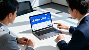 Professionisti di piccole imprese che collaborano utilizzando l'interfaccia di LEADer CRM per aumentare la credibilità