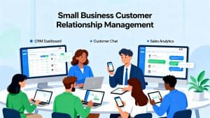 A conceptual illustration of small business professionals using digital tools to manage customer relationships