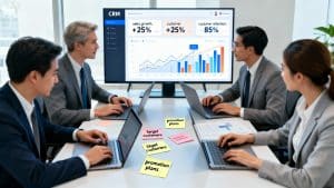 Team collaborating on sales strategy using CRM that increases sales