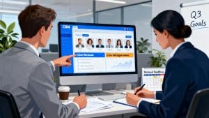 Insurance agents collaborating to manage client renewals and cross-sell opportunities in a CRM