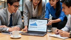 Business team analyzing CRM comparison charts on a laptop