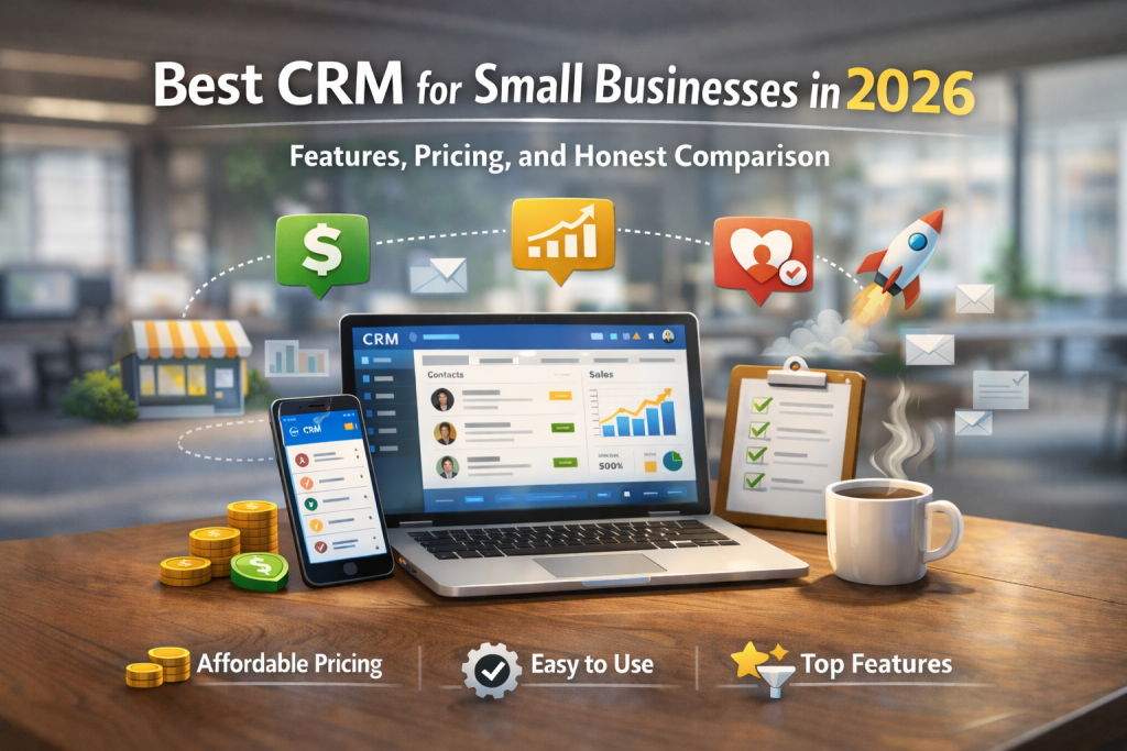 Best CRM for small businesses in 2026 – Comparison overview with pricing, features, and mobile-friendly CRM dashboard on laptop and phone