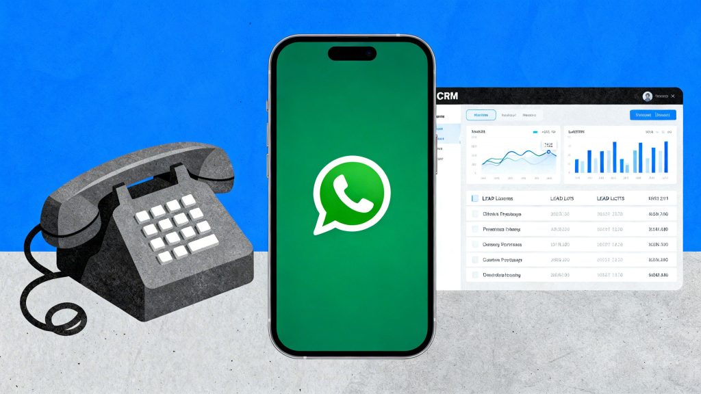 A collage showing a smartphone with the WhatsApp logo, a classic phone icon, and a CRM dashboard, representing the integration of communication leads.