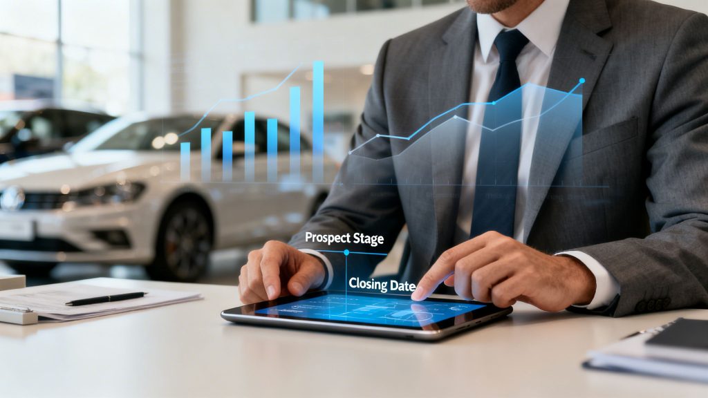A sales manager at a car dealership reviewing a sales pipeline on a tablet, with abstract charts in the background.