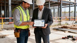 A construction project manager and an architect reviewing blueprints on a tablet at a construction site, illustrating the use of a construction contractor crm.